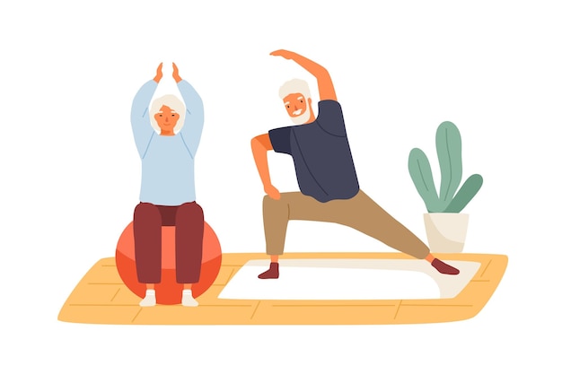Bejaarde echtpaar beoefenen van yoga thuis platte vectorillustratie. Actieve volwassen man en vrouw doen oefening op mat en aerobe bal geïsoleerd. Familie geniet samen van sport en een gezonde levensstijl.