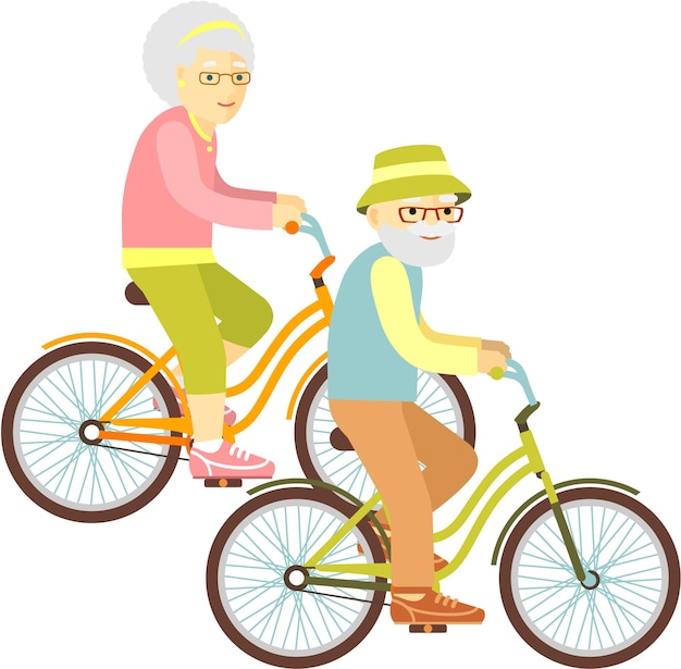 Vector bejaarde echtpaar man en vrouw fiets vlakke stijl