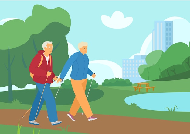 Bejaarde Echtpaar Nordic Walking In Het Zomerpark. Actief pensioen. Gezonde levensstijl.