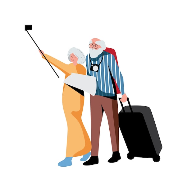 Vector bejaarde echtpaar toerist met reiskoffer, kaart selfie maken