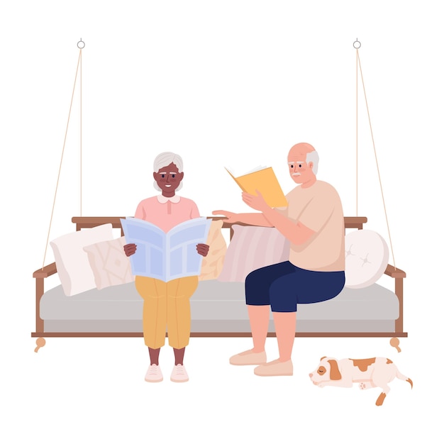 Bejaarde echtpaar zittend op schommel en ontspannende semi egale kleur vector karakters