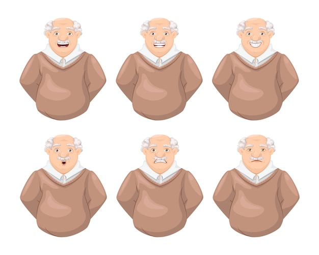 Bejaarde grootvader gezicht emotie set bejaarde man gezichtsuitdrukking