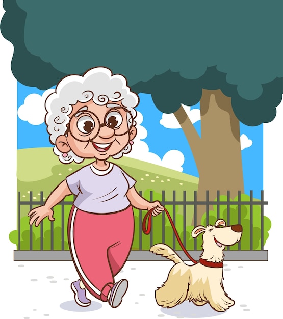Bejaarde vrouw loopt met haar hond in het park Cartoon vectorillustratie van een vrouwelijke persoon