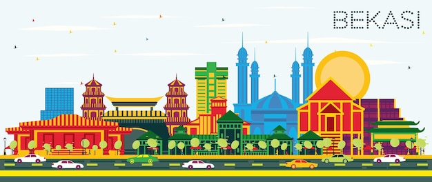 Bekasi Indonesia City Skyline with Color Buildings and Blue Sky. Vector Illustration. Business Travel and Tourism Concept with Historic Architecture. Bekasi Cityscape with Landmarks.