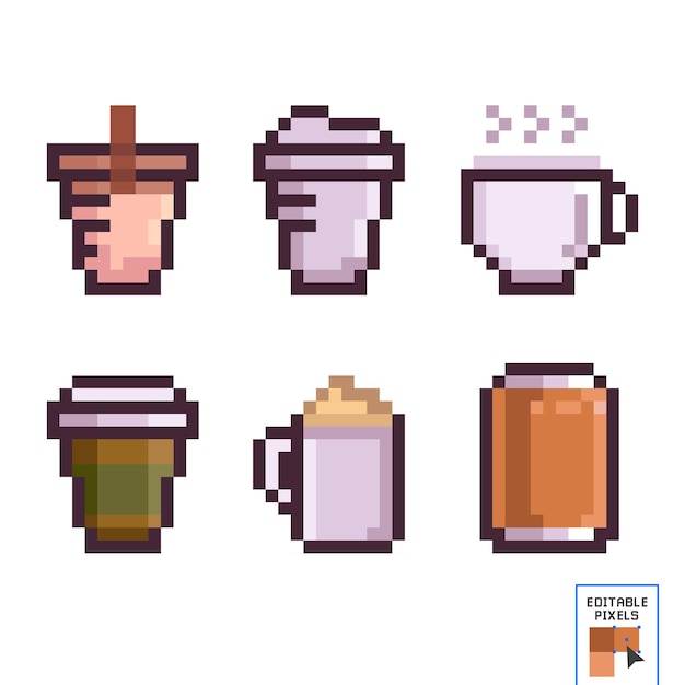 Beker thee met theepot en papieren beker voor koffie en een glas voor sap of alcoholische dranken pixel