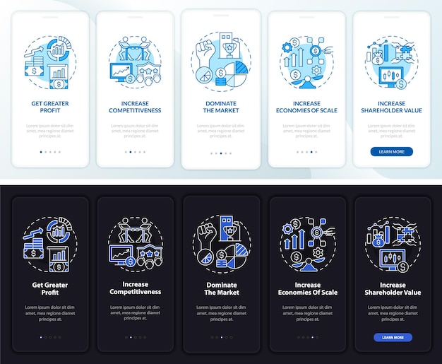 Belang van uitbreiding donker, licht onboarding-paginascherm voor mobiele apps. doorloop 5 stappen grafische instructies met concepten. ui, ux, gui vectorsjabloon met lineaire nacht- en dagmodusillustraties