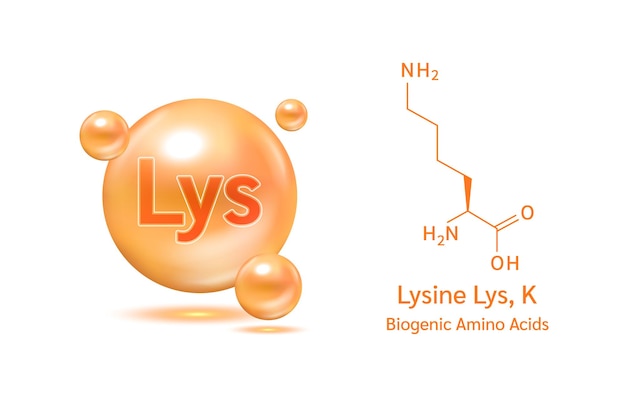 Belangrijk aminozuur Lysine Lys en structurele chemische formule en lijnmodel van molecuul