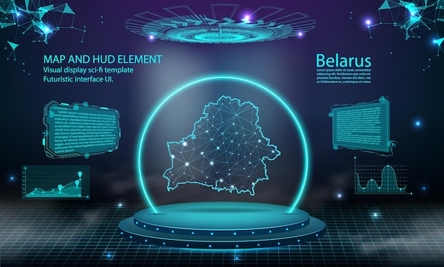 ベラルーシ地図光接続効果背景抽象デジタル技術 UI GUI 未来的な HUD ベラルーシ地図との仮想インターフェイス 霧のステージ未来的な表彰台