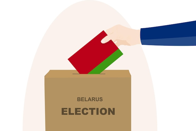 Bielorussia concetto di voto mano dell'uomo e urne giorno delle elezioni bandiera della bielorussia vettore
