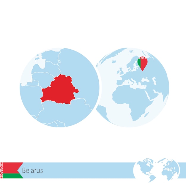 Belarus on world globe with flag and regional map of belarus. vector illustration.