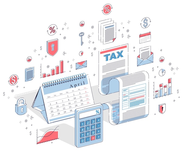 Vector belastingconcept, belastingformulier of papieren vel juridisch document met rekenmachine en kalender geïsoleerd op wit. 3d-vector zakelijke isometrische illustratie met pictogrammen, statistieken grafieken en ontwerpelementen.