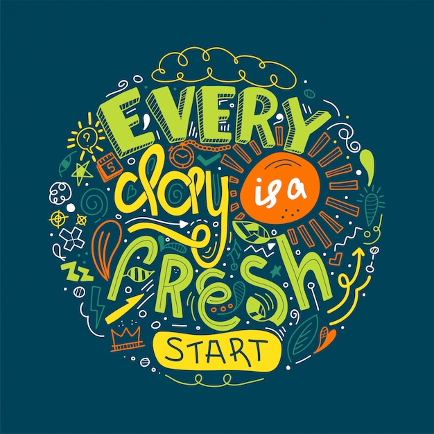 Belettering citaten motivatie Elke dag is een frisse start. Doodle inspirerende citaat