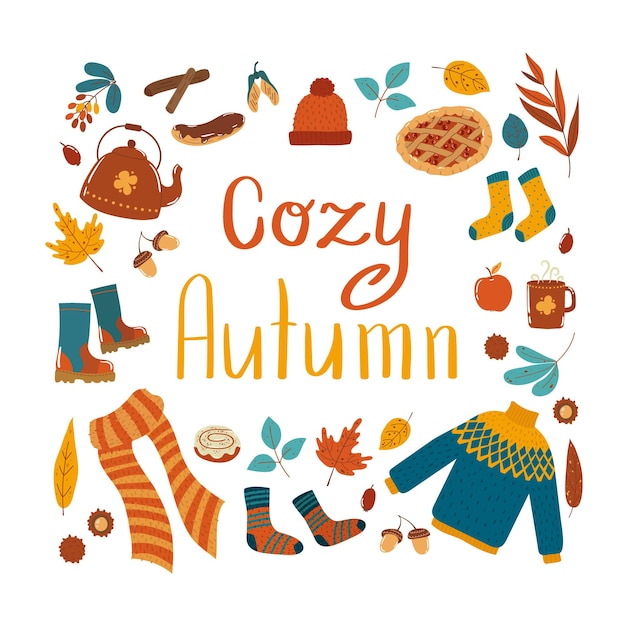 Belettering cosy autumn met herfstitems en gebladerte in vlakke stijl