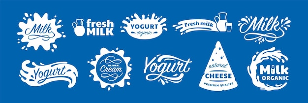 Belettering etiketten voor zuivelproducten Yoghurt splash druppels natuurlijke kaas en verse melk embleem silhouet vector set