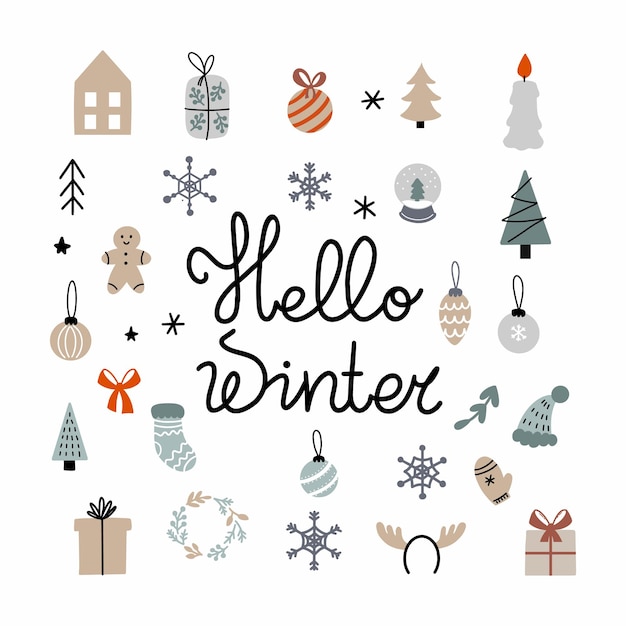 Belettering hallo winter Nieuwjaar en Kerstmis Set van doodle pictogrammen