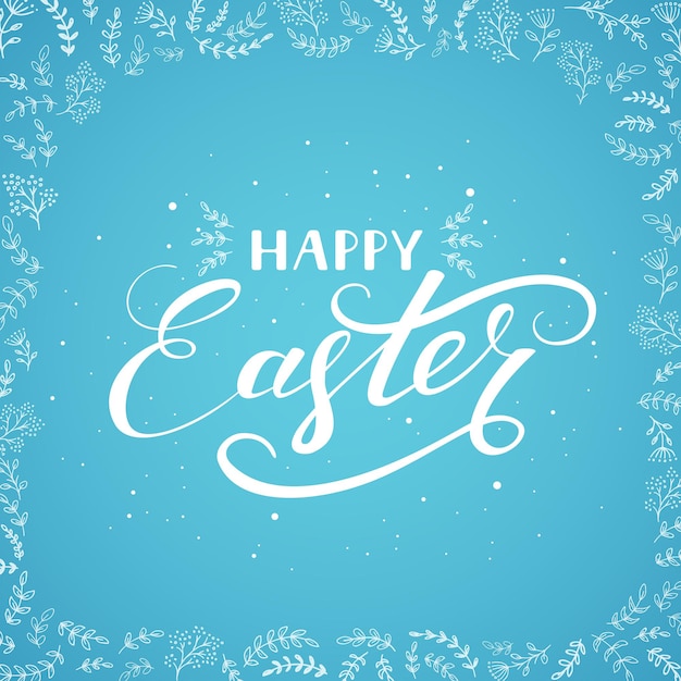Belettering Happy Easter en set van decoratieve bloemenpatronen op blauwe achtergrond met sierlijke elementen, illustratie.