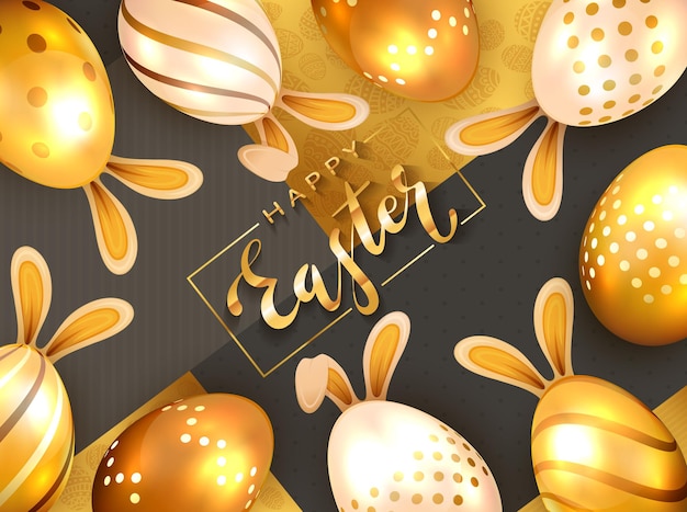 Belettering happy easter op goud en zwarte achtergrond met gouden paaseieren en konijnenoren. illustratie met luxe elementen en confetti kan worden gebruikt voor vakantieontwerp, banner en wenskaarten.