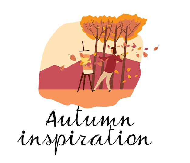 Vector belettering herfstinspiratie meisje schildert een plaatje in de herfstnatuur