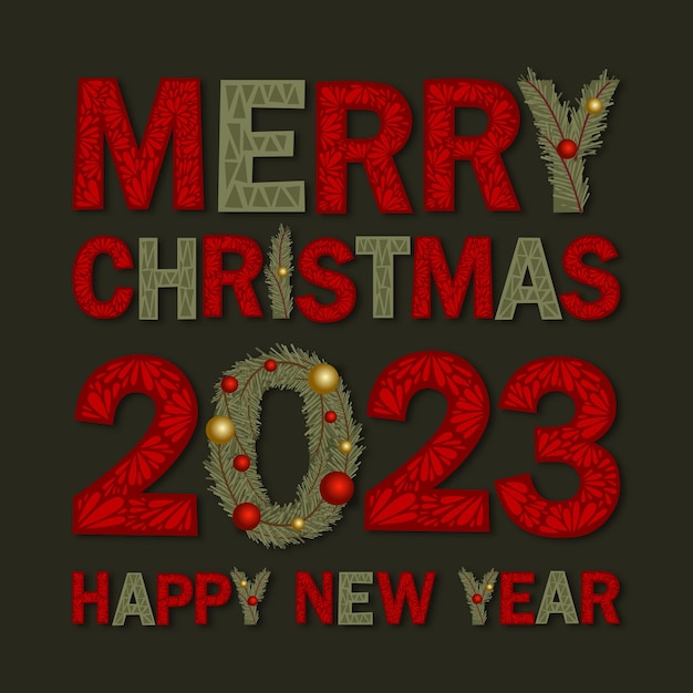 Vector belettering prettige kerstdagen en gelukkig nieuwjaar 2023 eenvoudige illustratie