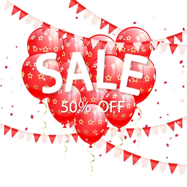 Belettering Sale met rode ballonnen in de vorm van hart en wimpels op witte achtergrond afbeelding