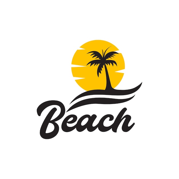 Belettering strand vintage met kokospalmen en zonsondergang logo ontwerp vector grafische symboolpictogram