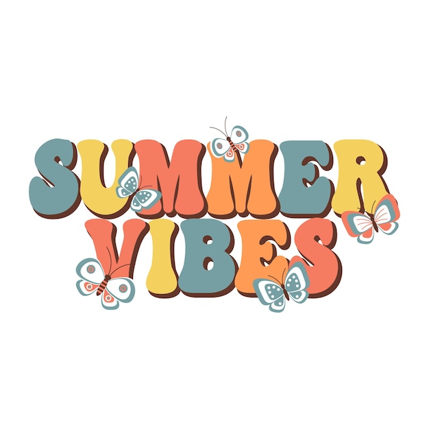 Vector belettering summer vibes met vlinders op een witte achtergrond hippie kalligrafie inscriptionphrase