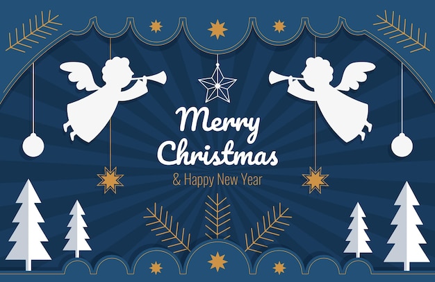 Vector belettering van prettige kerstdagen en gelukkig nieuwjaar kerstbanner in papierstijl met kerstboomversieringen sterren ballen sparren en engelen