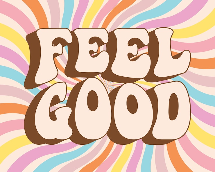 Vector belettering voel je goed op regenboog retro achtergrond hand getrokken kalligrafische groove hippie belettering