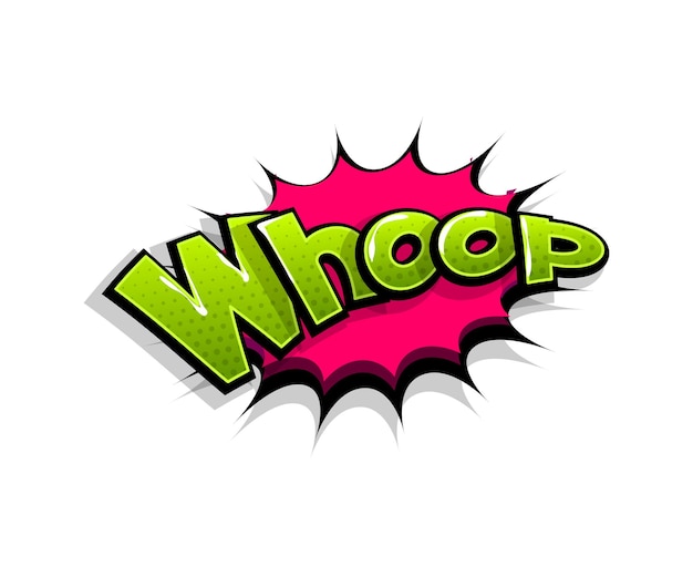 Vector belettering whop, whoop, wauw. komische tekst logo tekstballon