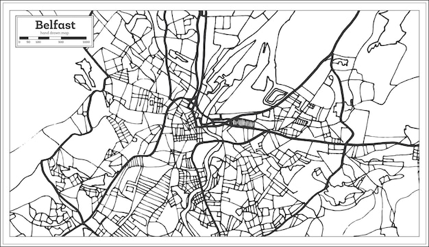 レトロなスタイルのベルファストアイルランドの都市地図。白地図。ベクトルイラスト。