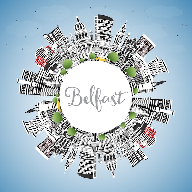 Belfast Noord-Ierland City Skyline met kleurgebouwen Blauwe lucht en kopieerruimte Belfast stadsbeeld met bezienswaardigheden Reizen en toerisme Concept met historische architectuur