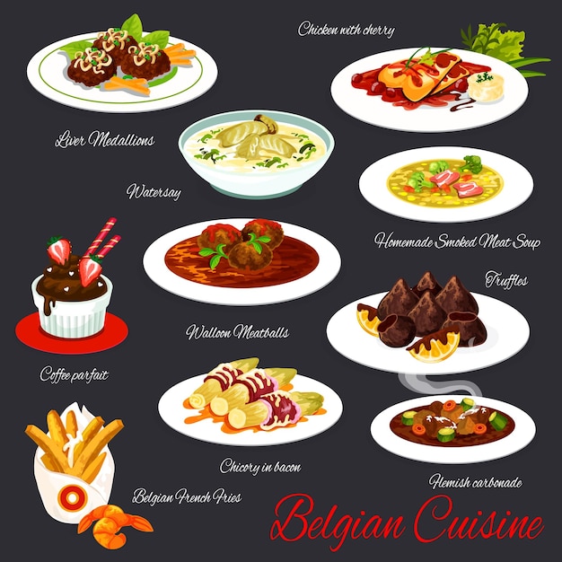 Vector belgian cuisine meat and dessert vector dishes