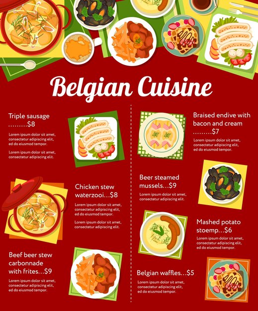 Vector belgian cuisine menu food dishes and lunch meals