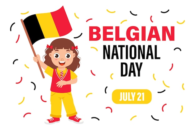 Belgian national day Cute little girl with Belgian flag Cartoon illustration banner poster