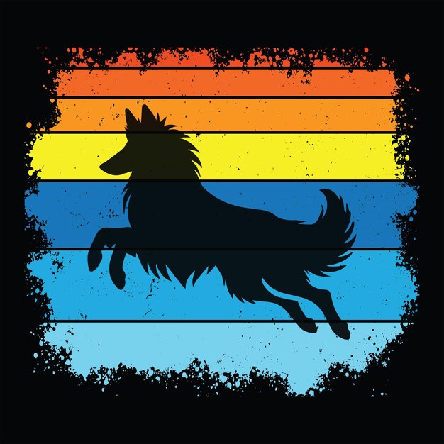 belgian shepherd dog with vintage sunset in retro illustration style