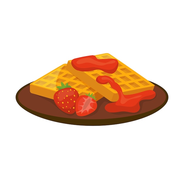 Belgian waffles strawberries syrup plate Delicious breakfast food fresh fruit vector