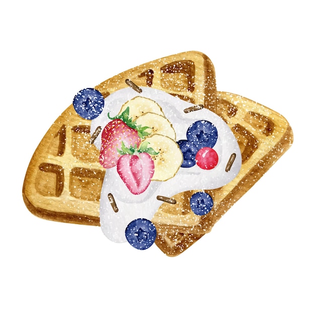 Belgian waffles with ice cream, fruit, powdered sugar. Watercolor illustration of dessert for cafe menu, bakery, print.