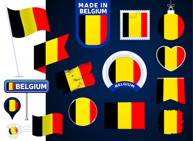 België vlag vector collectie. grote reeks nationale vlagontwerpelementen in verschillende vormen voor openbare en nationale feestdagen in vlakke stijl. poststempel, gemaakt in, liefde, cirkel, verkeersbord, golf