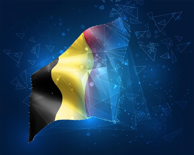 België, vlag, virtueel abstract 3D-object van driehoekige veelhoeken op een blauwe achtergrond