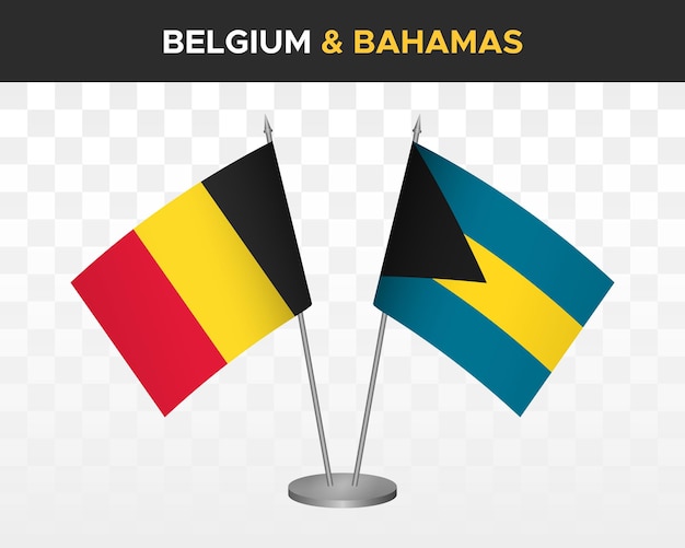 België vs bahama's bureau vlaggen mockup geïsoleerde 3d vector illustratie tafelvlaggen