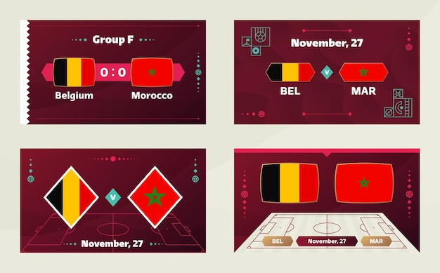 België vs Marokko voetbal 2022 groep F wereldkampioenschap voetbal competitie kampioenschap wedstrijd versus teams intro sport achtergrond kampioenschap competitie finale poster vectorillustratie