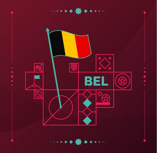 België wereldvoetbaltoernooi 2022 vector golvende vlag vastgemaakt aan een voetbalveld met ontwerpelementen Wereldvoetbal 2022 toernooi laatste fase niet-officiële kampioenschapskleuren en stijl