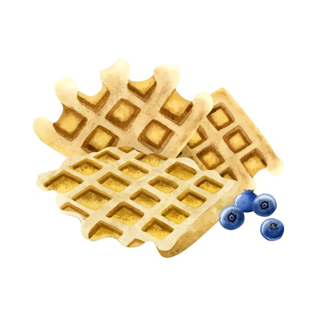 Belgische wafels met bosbessen waterverf illustratie voor dessert café en bakkerij ontwerp