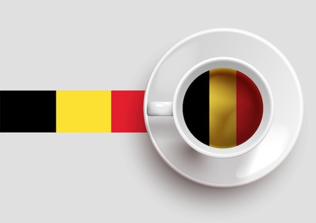 Belgium flag with a tasty coffee cup on top view