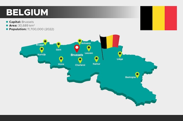 벨기에 아이소 메트릭 3d 그림지도 플래그 수도 지역 인구와 벨기에의지도