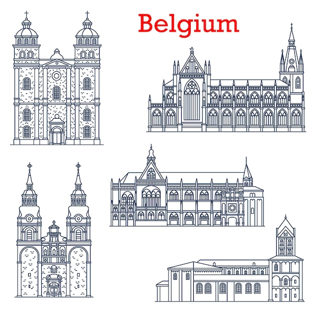 Vector belgium landmarks cathedral churches architecture