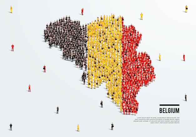 Mappa e bandiera del belgio. un folto gruppo di persone in forma di colore bandiera belga per creare la mappa.