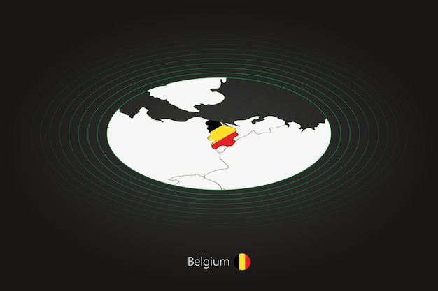 어두운 색상의 벨기에 지도, 이웃 국가와 타원형 지도. 벡터 지도 및 벨기에의 국기