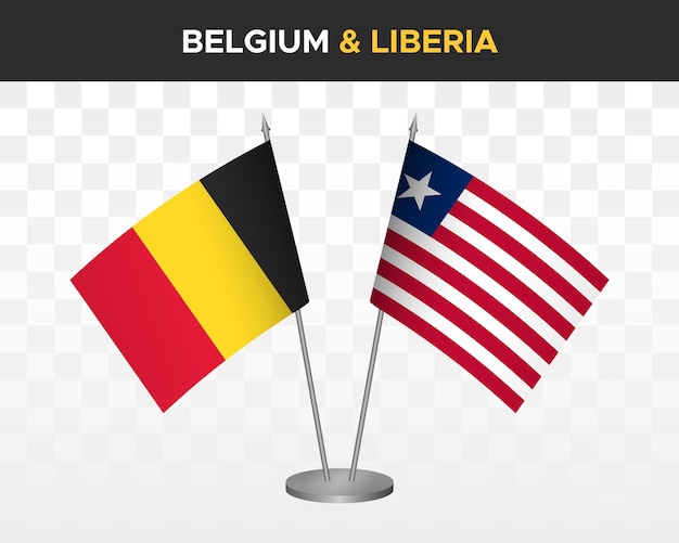 Bandiere da scrivania belgio vs liberia mockup isolate 3d illustrazione vettoriale bandiere da tavolo