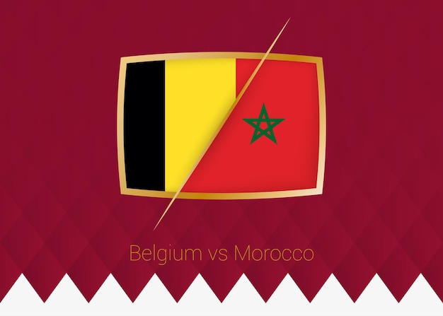 Belgium vs Morocco group stage icon of football competition on burgundy background